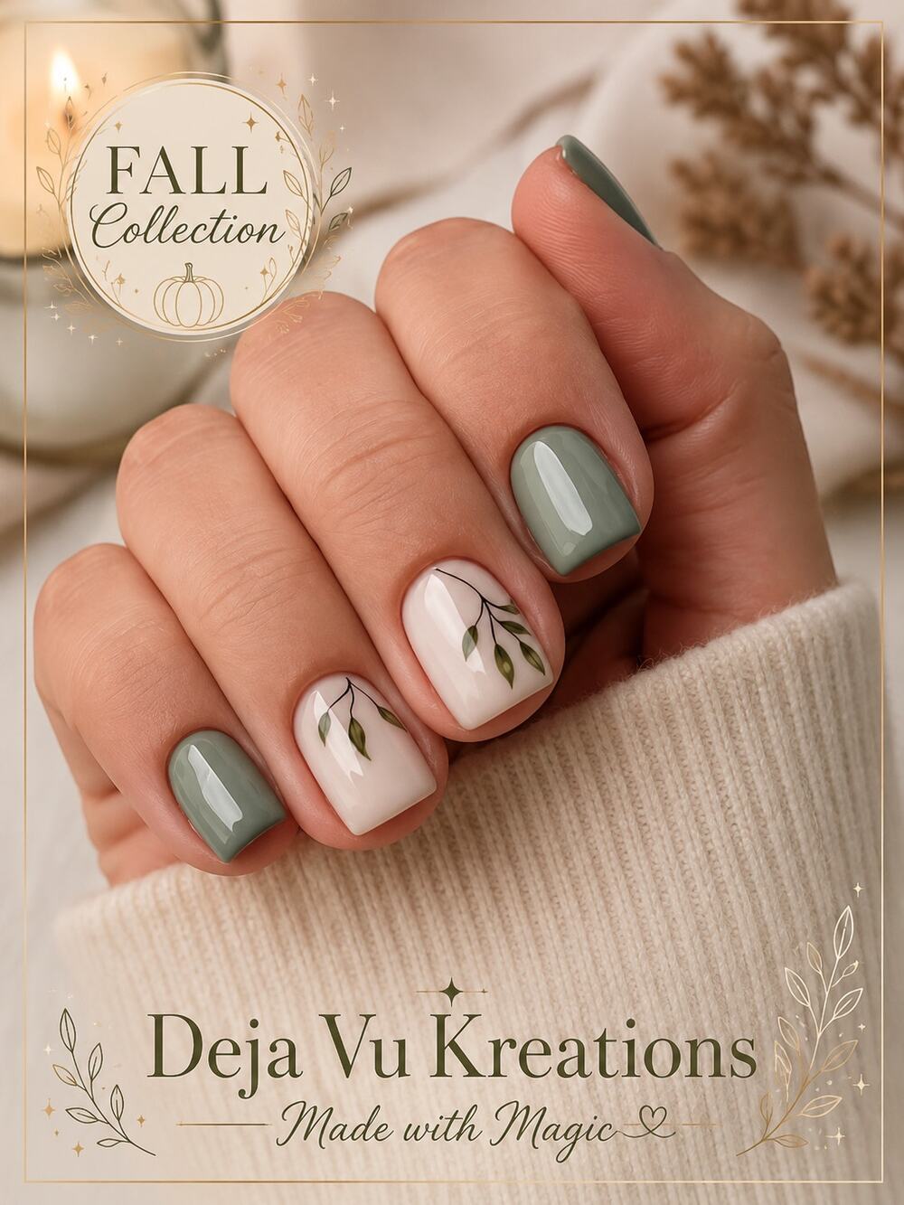 Sage Green Botanical Short Square Press On Nails 24 Piece